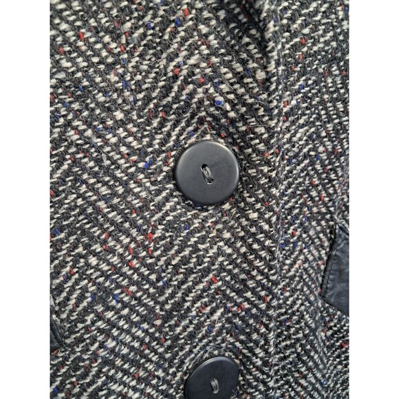 Vintage 80s Ann-Gee Wool Blend Coat XL Black Lined Tweed Leather Trim 11/12 - Picture 9 of 14